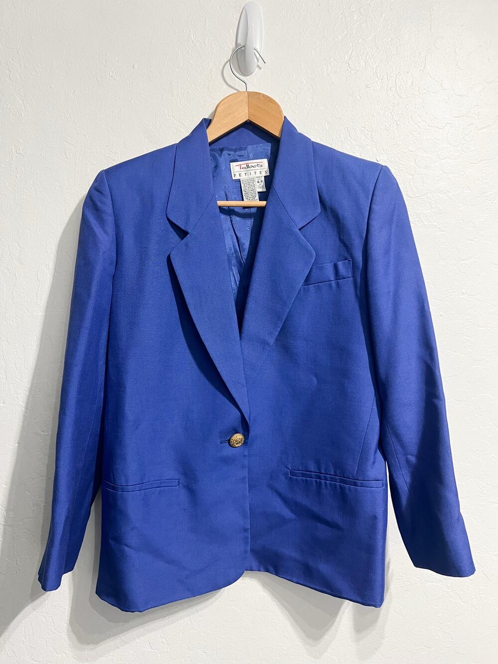VTG Talbots Blazer Jacket Sz 4PLinen Blend Royal Blue Gold Buttons 90's Office